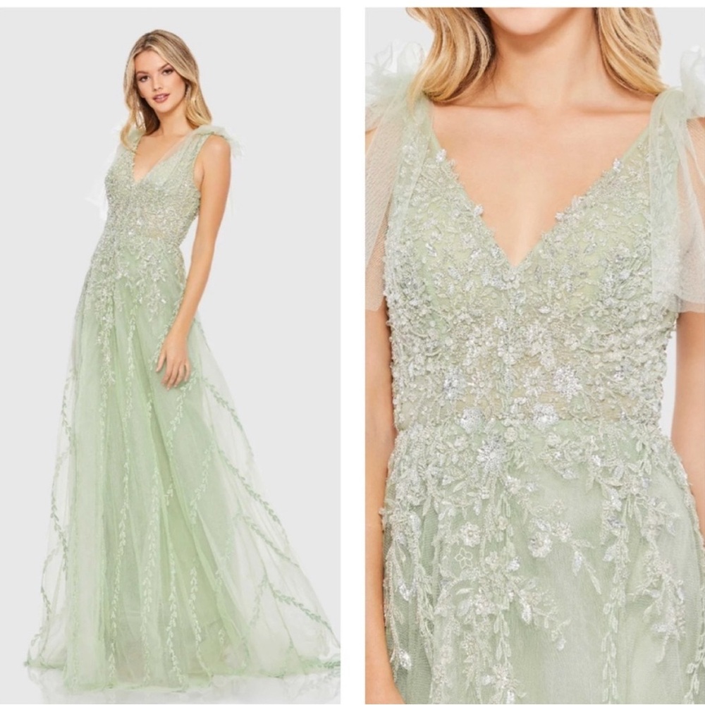 Max Duggal EMBELLISHED SOFT TIE SLEEVELESS V NECK GOWN Sage NWT